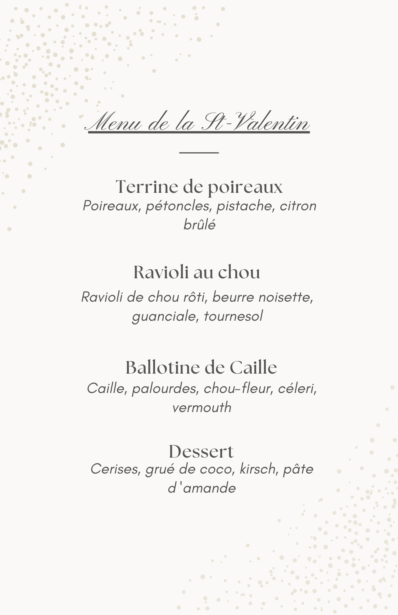 Valentine day menu